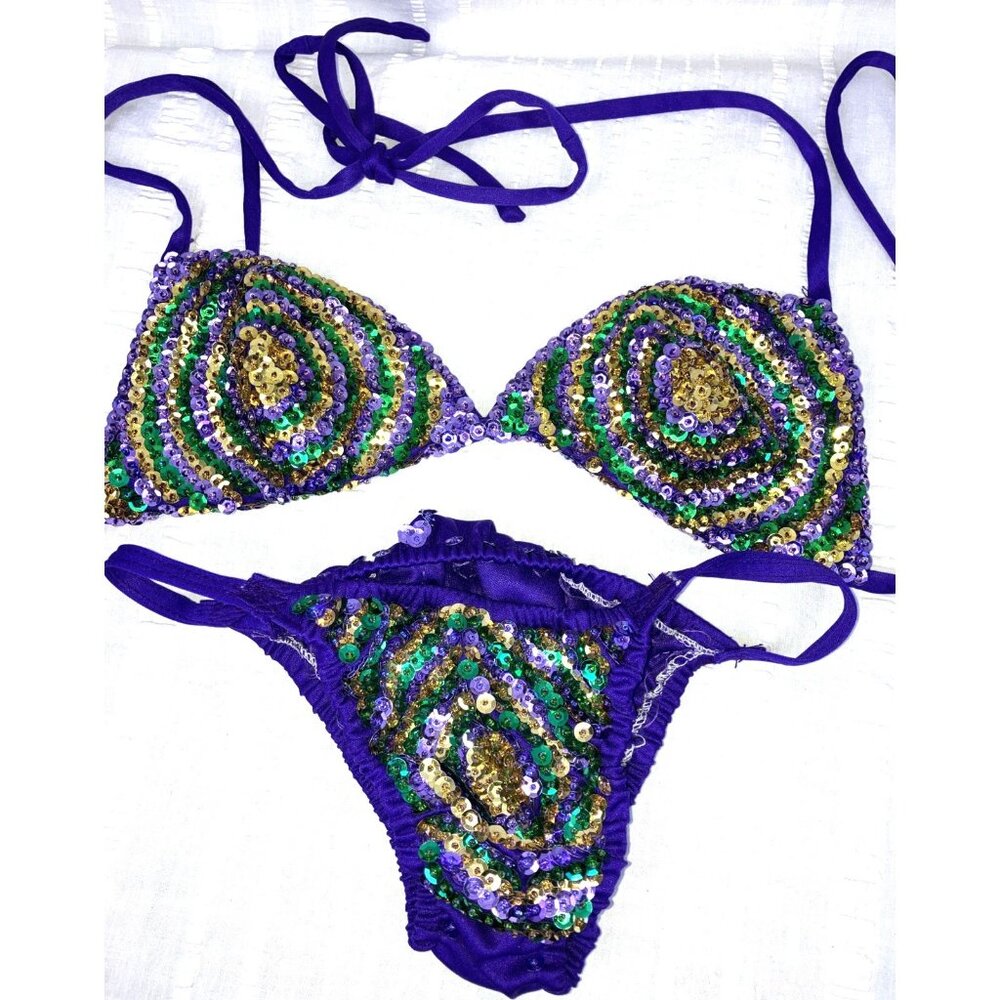 XS S Vintage 70s Hand Applied Sequin Purple Triangle Brazilian Bikini